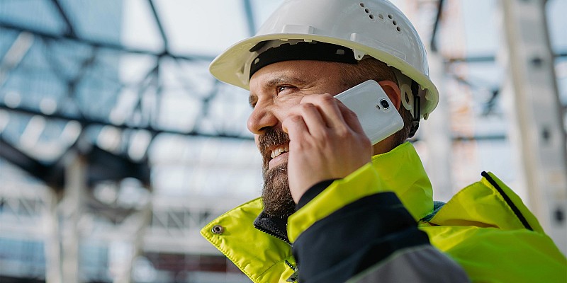 Bauleiter mit Helm und Warnjacke telefoniert auf einer Baustelle mit Stahlkonstruktion im Hintergrund